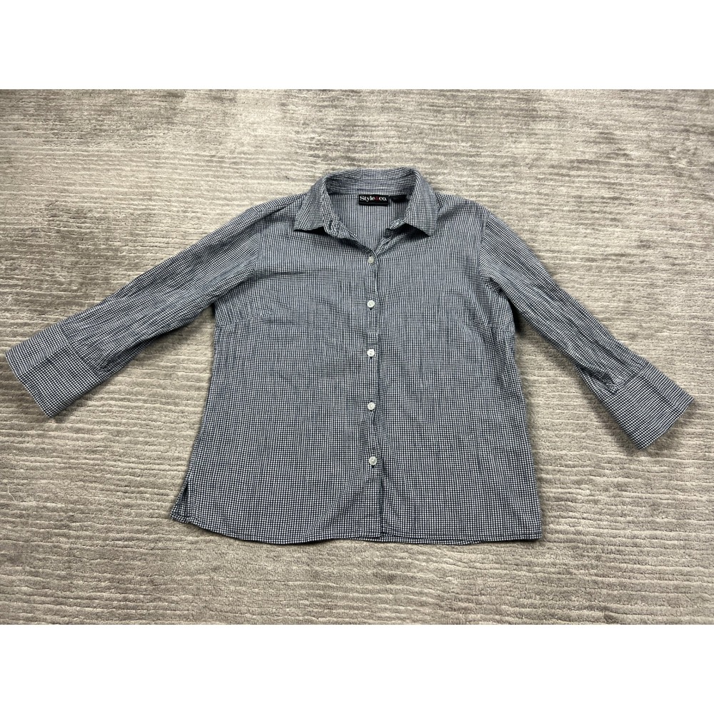 Style & Co Button Down Women 10 Navy Blue Gingham Checkered Cotton Long Sleeve